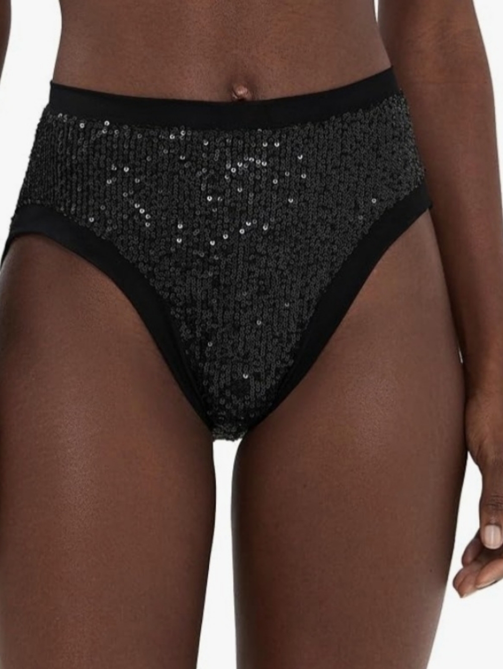 Norma Kamali Black Sequin High-Rise Bikini Bottom C355